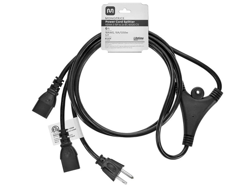 Monoprice Power Cord Splitter - NEMA 5-15P to 2X IEC 60320 C13, 10 Amp, 1250 Watt, SVT, 18AWG, 6 Feet, Black - Image 3